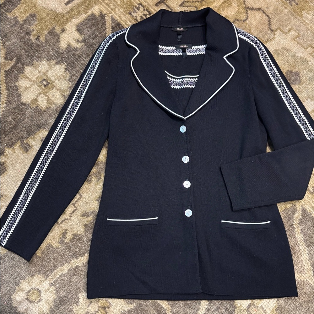 Escada 2-piece Knit Sweater Set Navy Blue Jacket sweater Embroidered 34 36 S